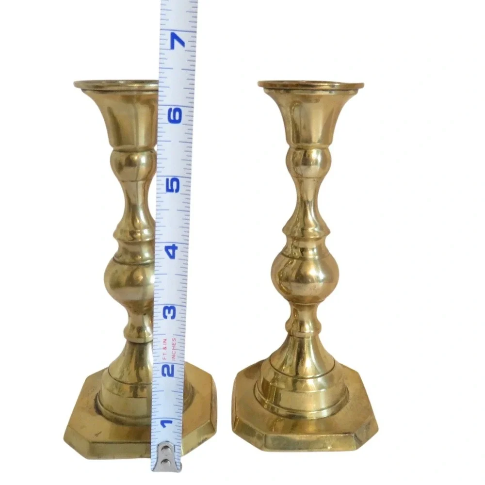 Vintage Solid Brass Candlestick‎ Holders Set of 2 Hexagonal Base 6.25 Inch Taper